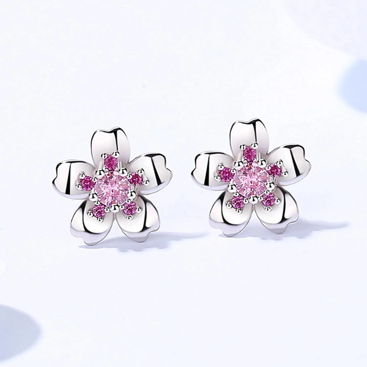 BG&WLing Cherry Flower Stud Earrings for Women 925 Sterling Silver Stud Earrings with Cubic Zirconia Hypoallergenic Cute Jewelry Gift