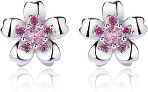 BG&WLing Cherry Flower Stud Earrings for Women 925 Sterling Silver Stud Earrings with Cubic Zirconia Hypoallergenic Cute Jewelry Gift