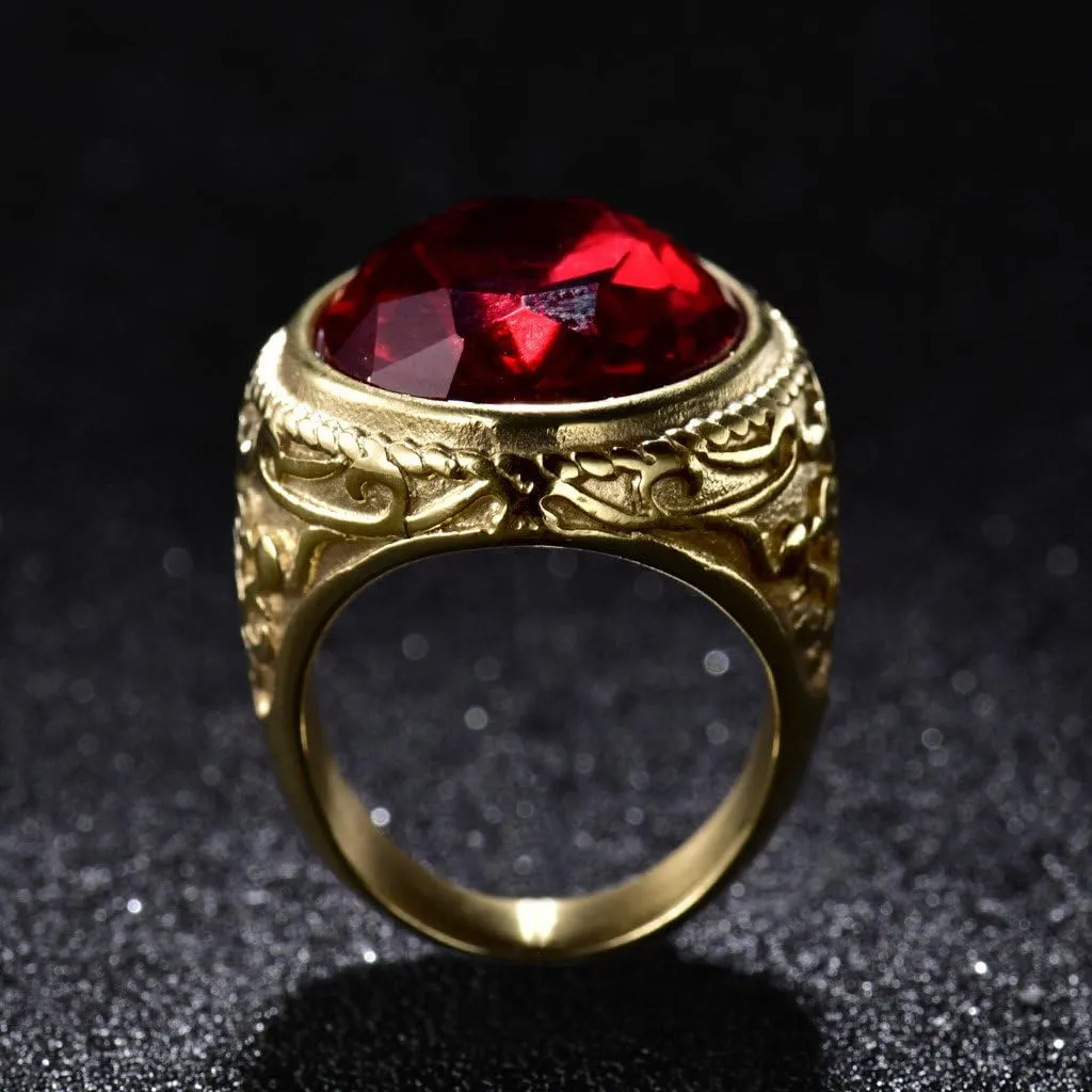 Big Crystal Cocktail Mens Rings Stainless Steel Jewelry Luxury Red Stone Fashion Party Ring
