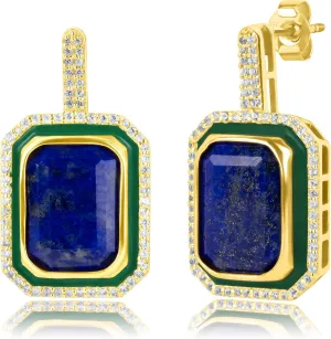 Big Gemstone Statement Dangle Earrings with Enamel and White Sappire Accents | Hypoallergenic 14k Gold over Sterling Silver Gemstone Earrings by MAX   STONE