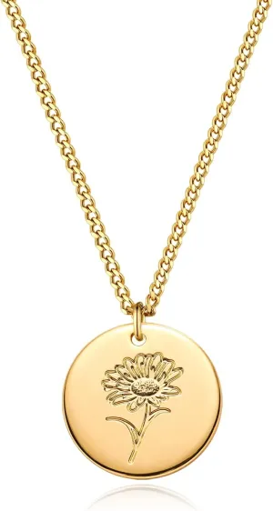 Birth Flower Necklace 18K Gold Plated Necklaces for Women Disc Cuban Birthday Gold Jewelry Gifts for Women 12 Month