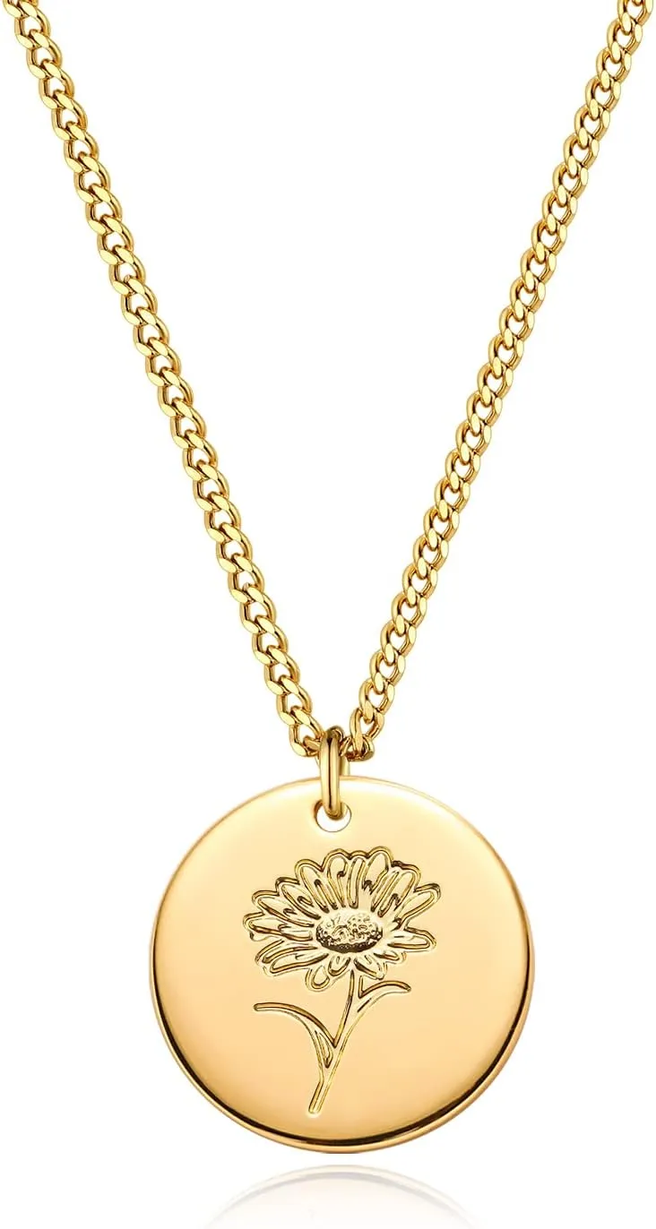 Birth Flower Necklace 18K Gold Plated Necklaces for Women Disc Cuban Birthday Gold Jewelry Gifts for Women 12 Month