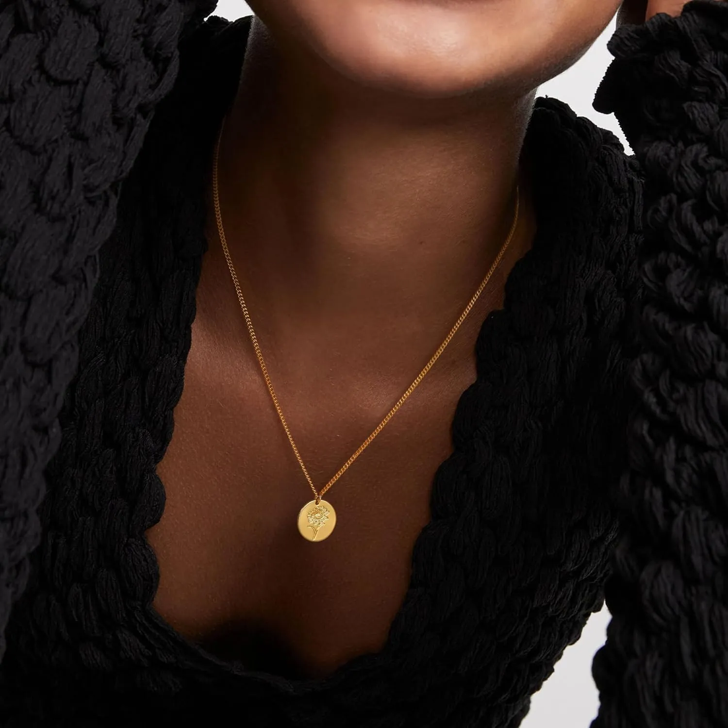Birth Flower Necklace 18K Gold Plated Necklaces for Women Disc Cuban Birthday Gold Jewelry Gifts for Women 12 Month