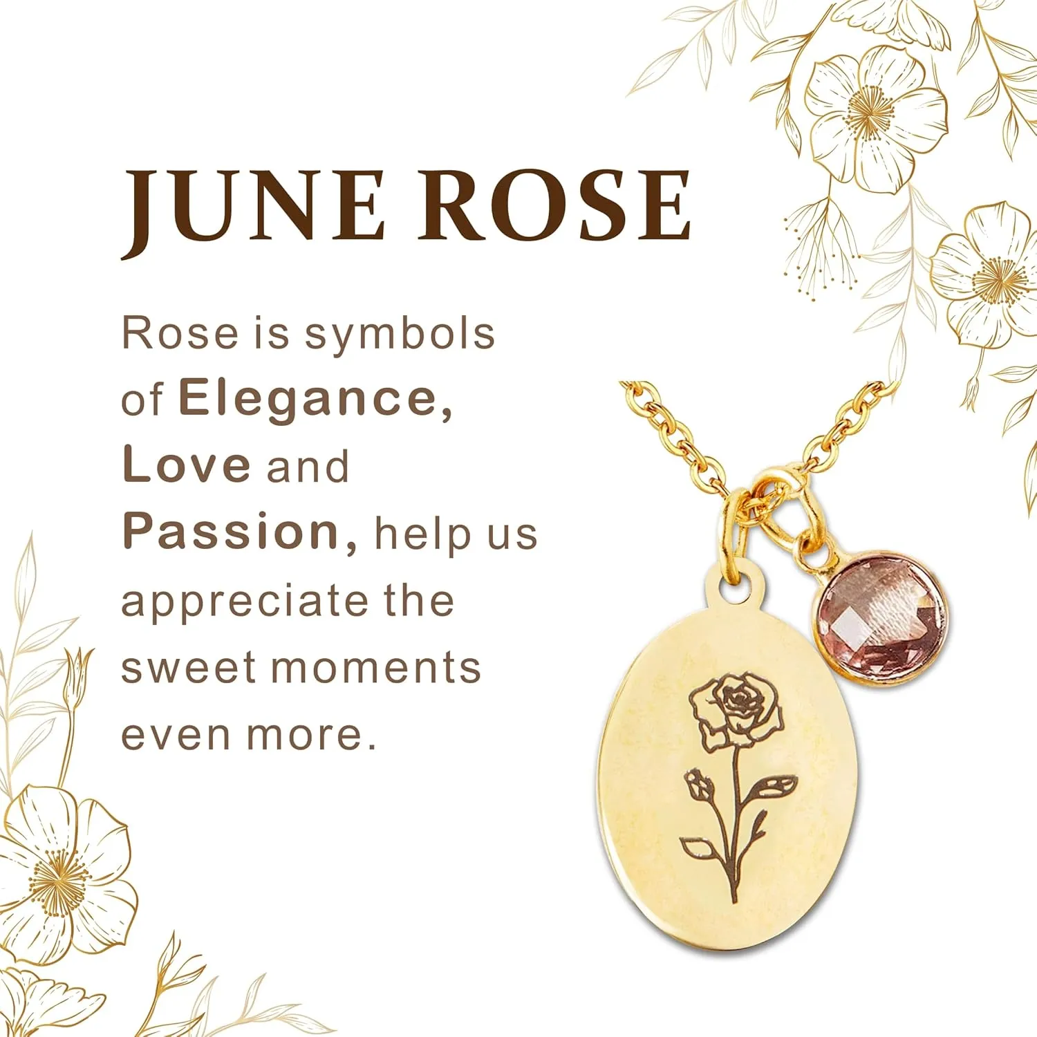 Birth Flower Necklaces for Women Trendy, 18K Gold Plated Dainty Birthstone Pendant Necklace Handmade Oval Coin Birthday Gifts for Women Girls Teens Birth Month Flower Jewelry