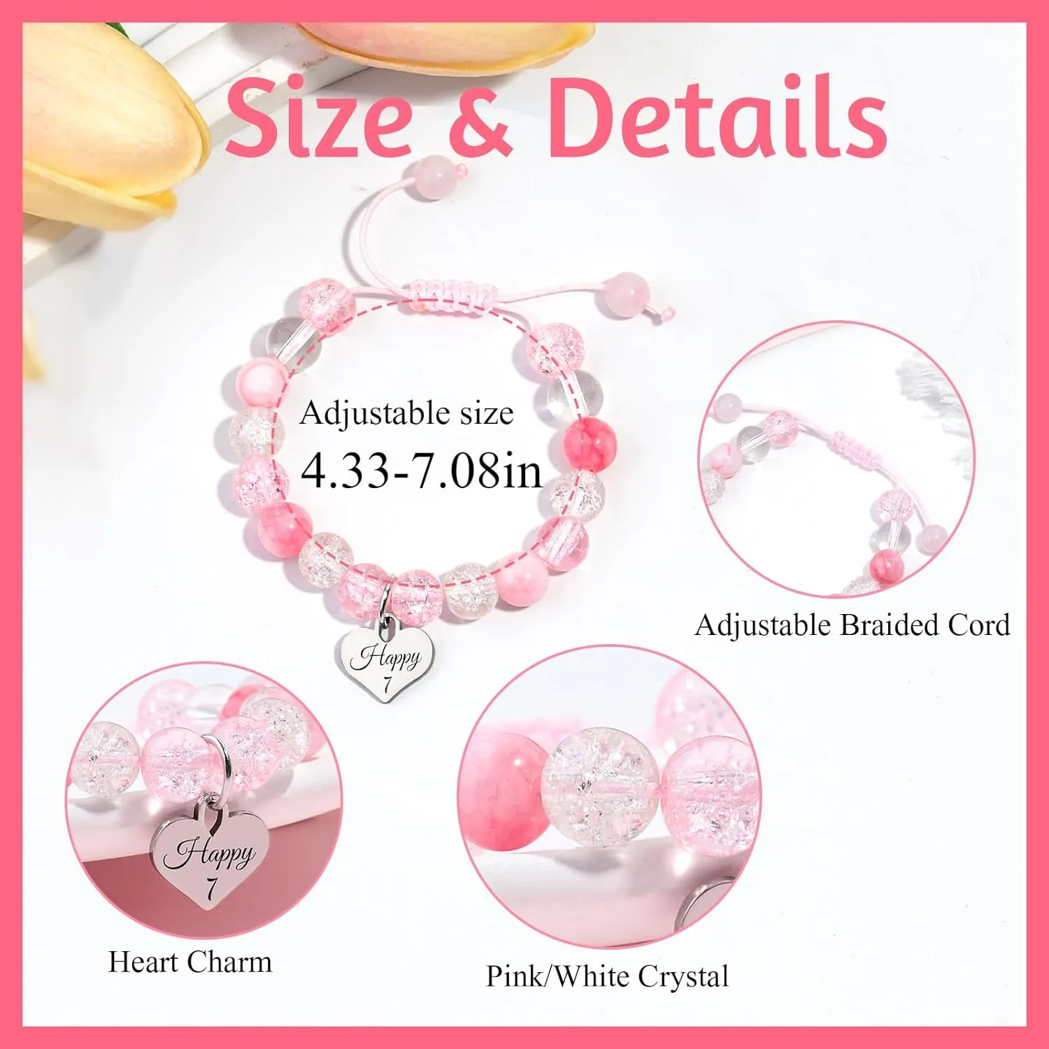 Birthday Bracelets Gifts for 1 2 3 4 5 6 7 8 Year Old Girls, Pink and white crystals Heart Charms Bracelets, Birthday Gifts for Girls Daughter Granddaughter Niece