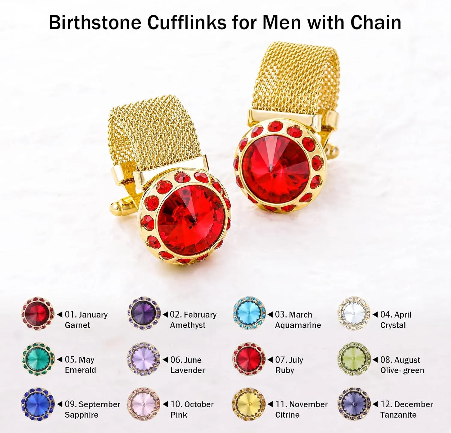 Birthstone Cuff links Mens, Shinny Gold Tone Cufflinks for Men Dress Shirts, Personalized Birthday Gifts for Men.