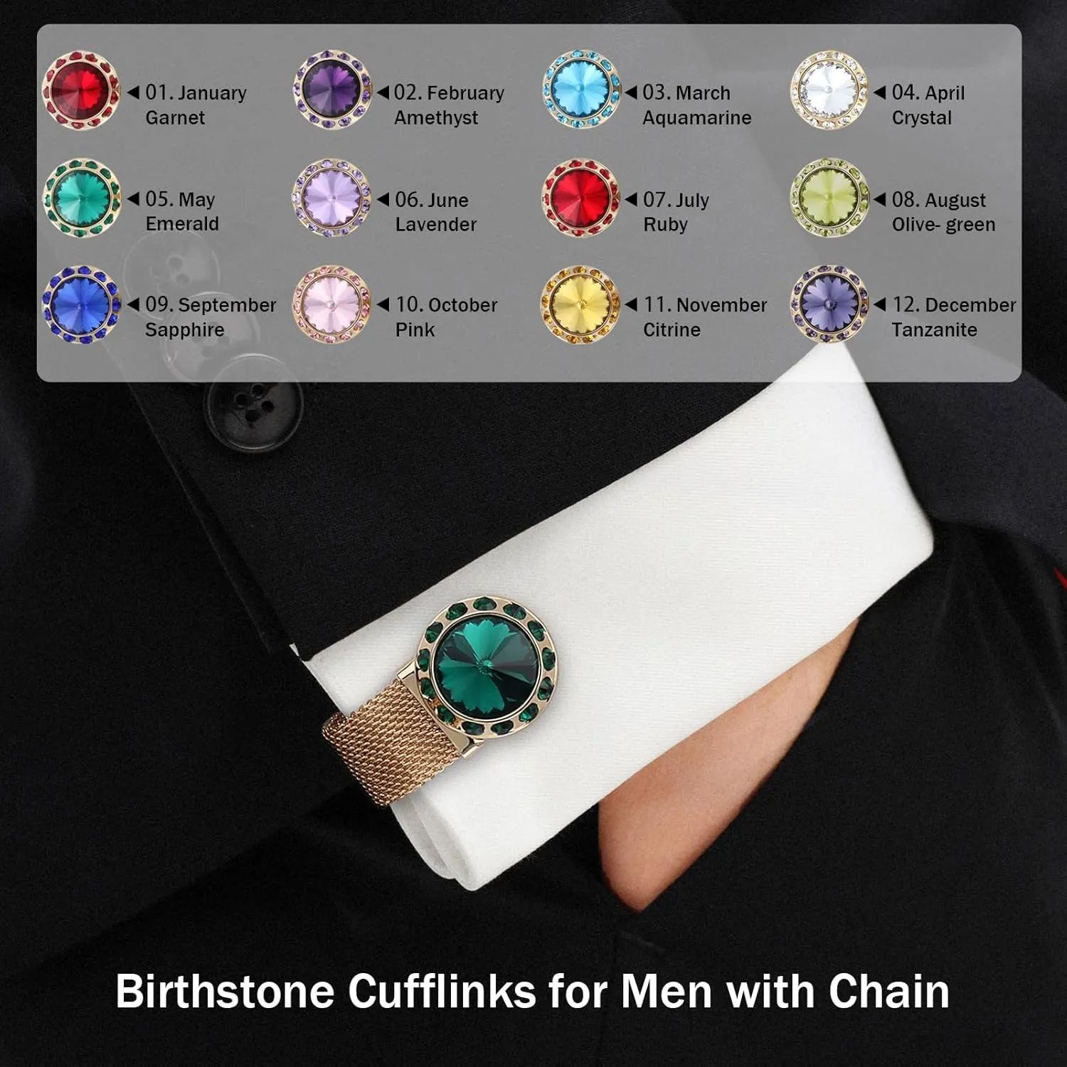 Birthstone Cuff links Mens, Shinny Gold Tone Cufflinks for Men Dress Shirts, Personalized Birthday Gifts for Men.