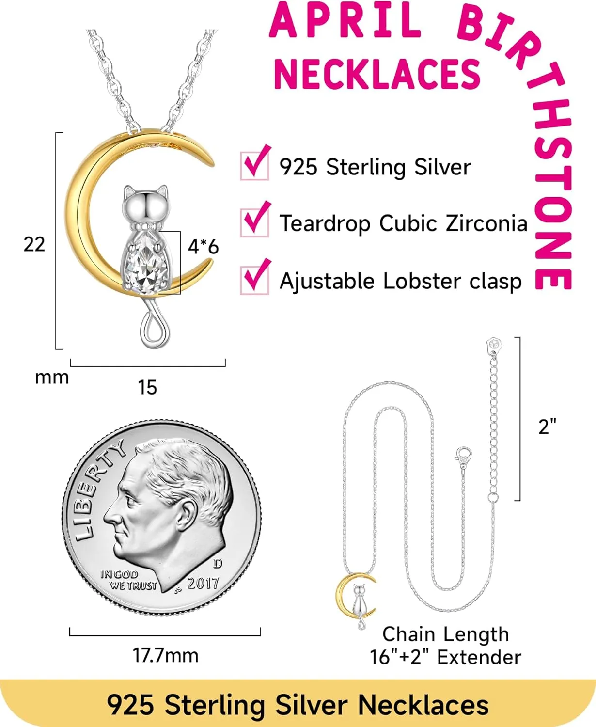 Birthstone Necklace for Women Girls, Cat Necklaces 925 Sterling Silver Teardrop Pendant 18K Gold-Plated Birthstone Jewelry Gifts for Birthday Easter