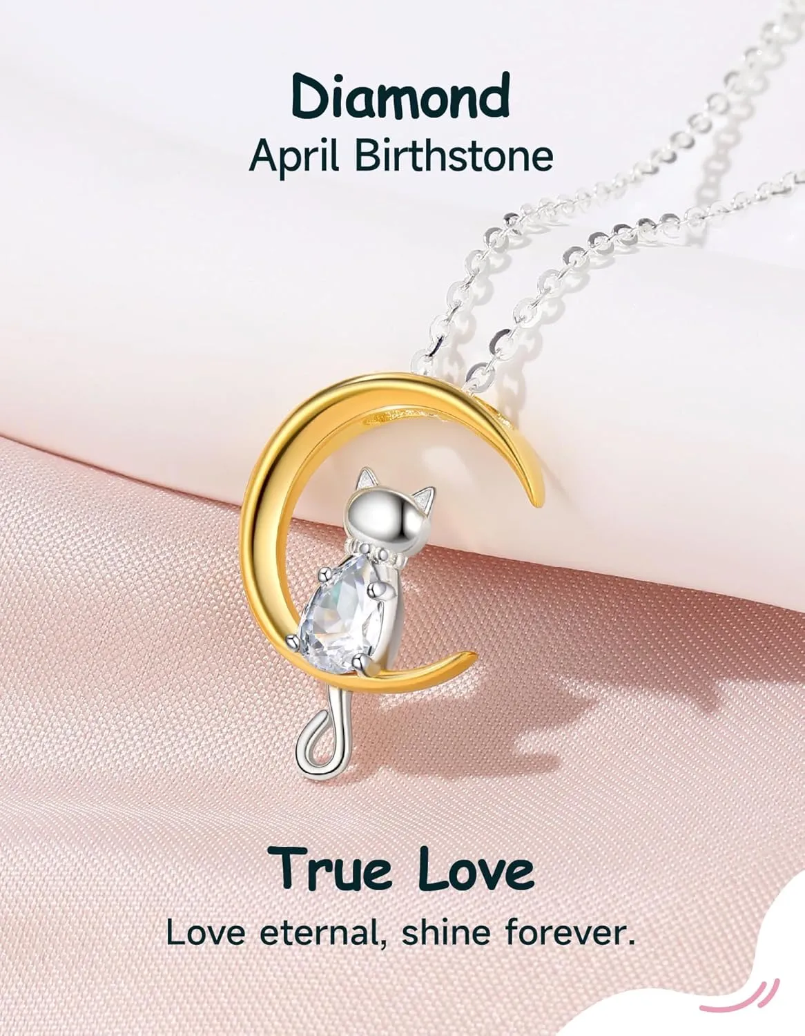 Birthstone Necklace for Women Girls, Cat Necklaces 925 Sterling Silver Teardrop Pendant 18K Gold-Plated Birthstone Jewelry Gifts for Birthday Easter