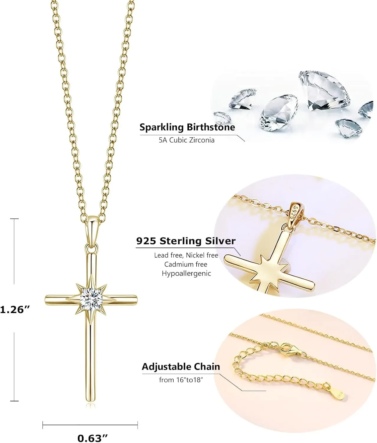 Birthstone Necklaces for Women 925 Sterling Silver Cross Pendant White Gold Synthetic Gemstone Necklace Crucifix Jewelry for Her, Adjustable Chain 16" 2"