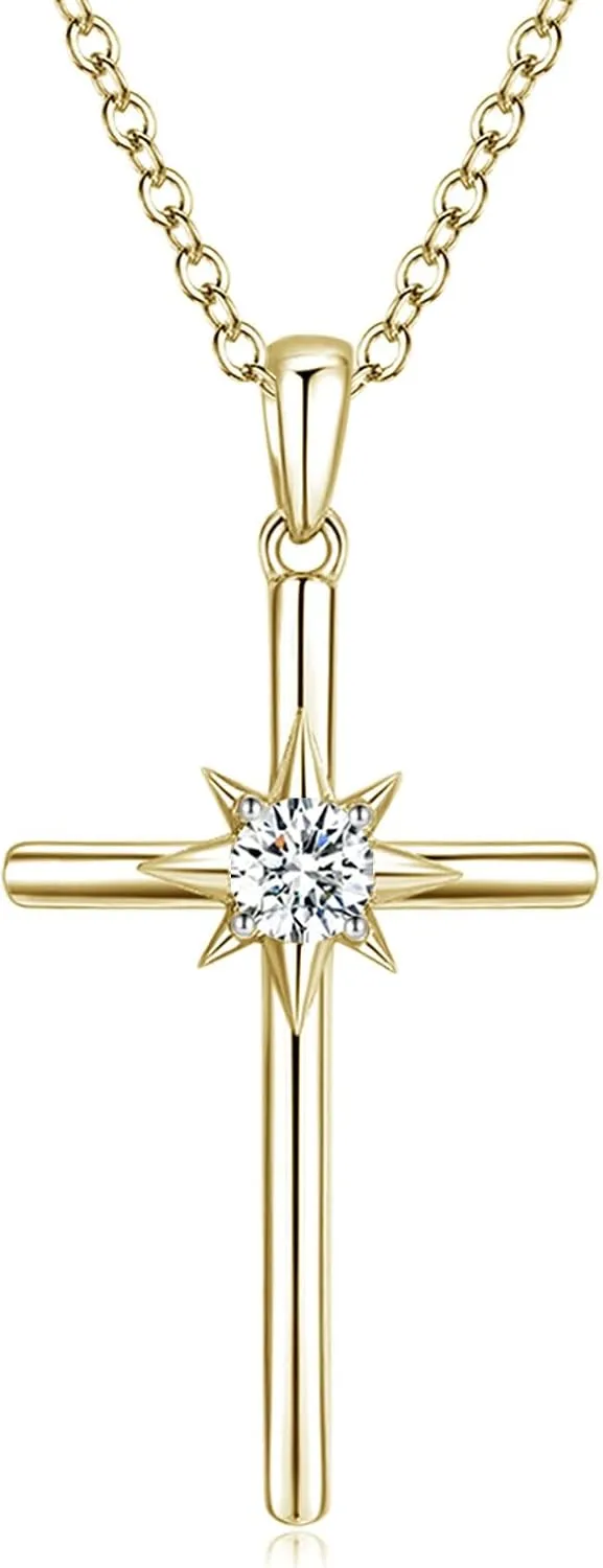 Birthstone Necklaces for Women 925 Sterling Silver Cross Pendant White Gold Synthetic Gemstone Necklace Crucifix Jewelry for Her, Adjustable Chain 16" 2"