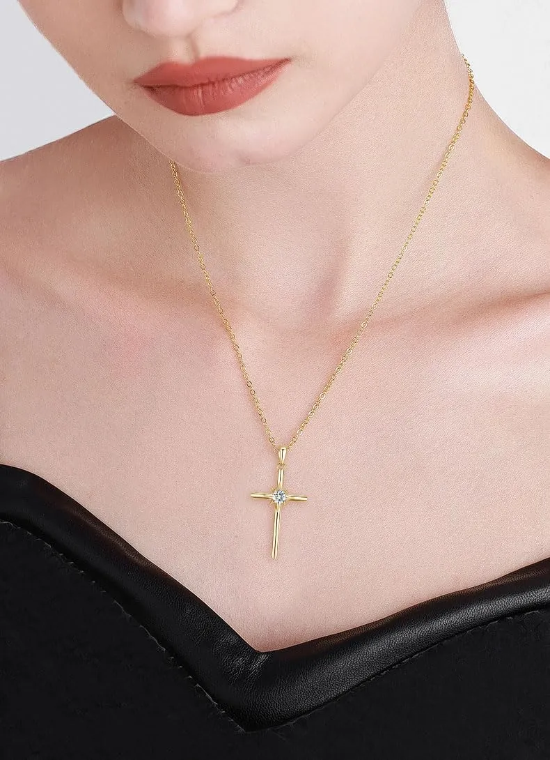 Birthstone Necklaces for Women 925 Sterling Silver Cross Pendant White Gold Synthetic Gemstone Necklace Crucifix Jewelry for Her, Adjustable Chain 16" 2"