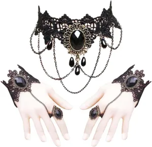 Black Choker Lace Necklace with Bracelet Set Retro Lace Choker Gothic Steampunk Fingerless Ring Costume Vintage Punk Wristband for Halloween Christmas Wedding Party - Style 4