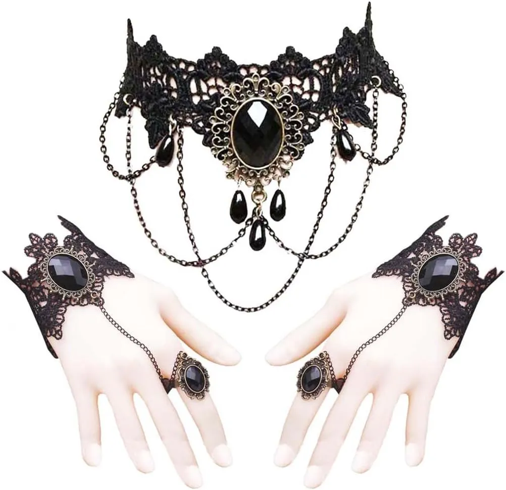 Black Choker Lace Necklace with Bracelet Set Retro Lace Choker Gothic Steampunk Fingerless Ring Costume Vintage Punk Wristband for Halloween Christmas Wedding Party - Style 4
