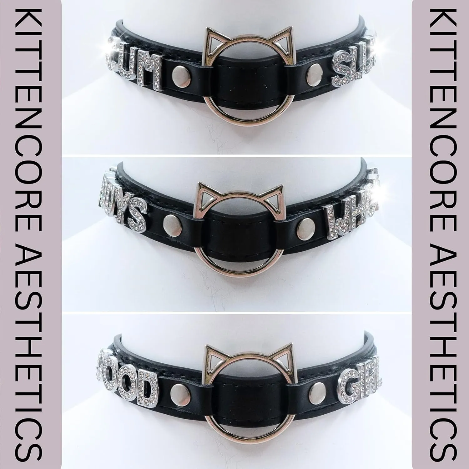 Black O-ring Choker Collar For Women, Pink Vegan Leather Choker Necklace Jewelry with Cat-shaped Ring and Rhinestone Letters