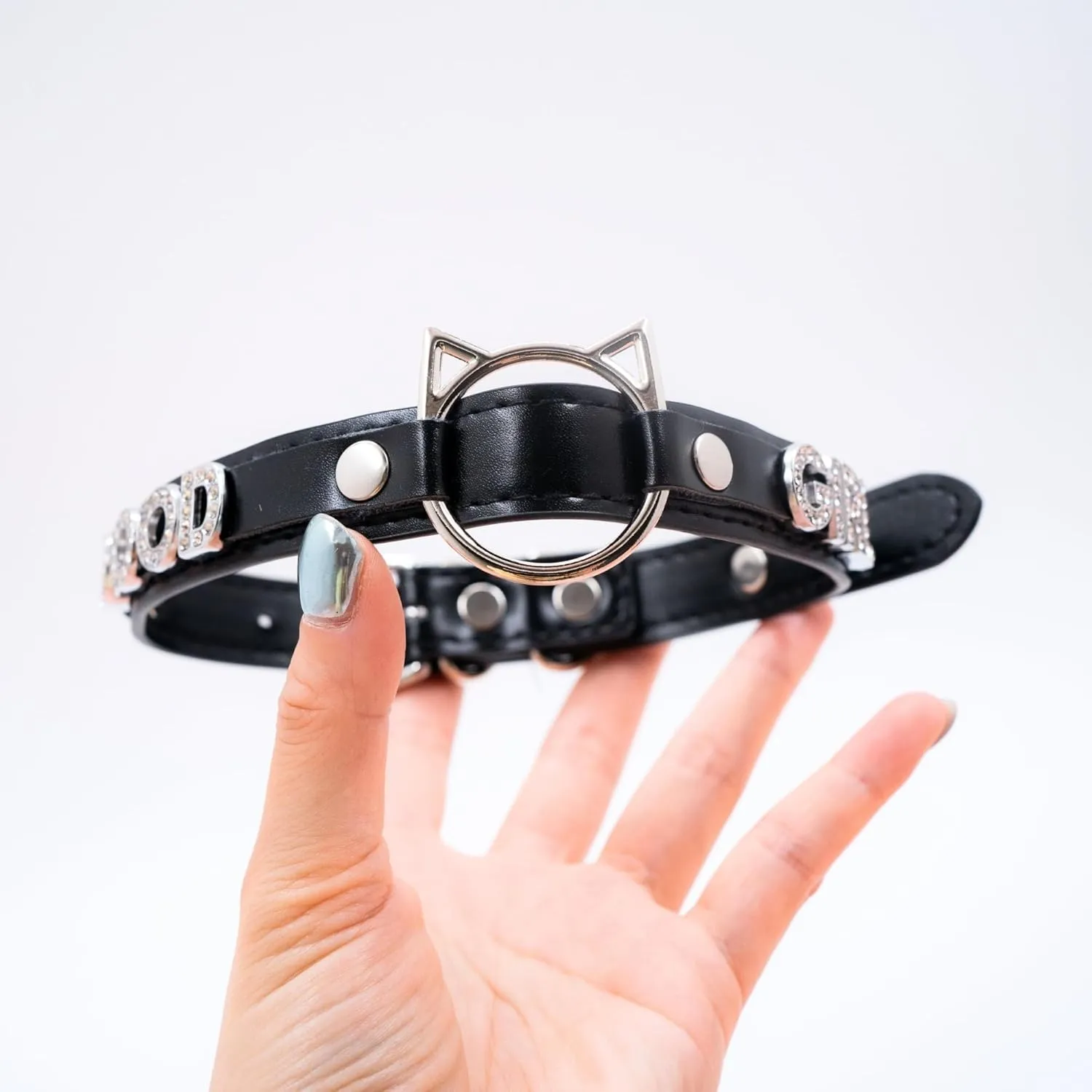 Black O-ring Choker Collar For Women, Pink Vegan Leather Choker Necklace Jewelry with Cat-shaped Ring and Rhinestone Letters