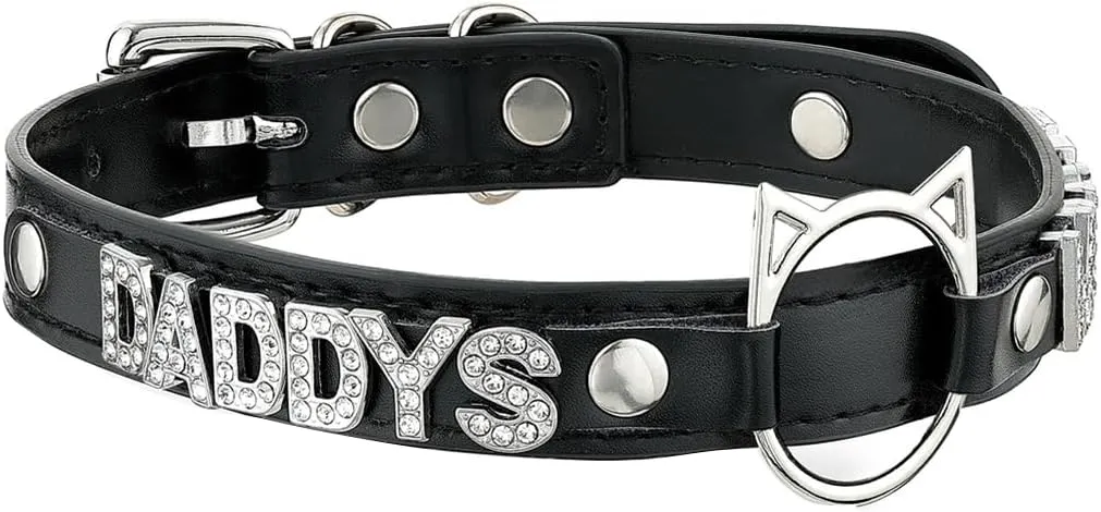 Black O-ring Choker Collar For Women, Pink Vegan Leather Choker Necklace Jewelry with Cat-shaped Ring and Rhinestone Letters