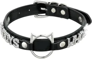 Black O-ring Choker Collar For Women, Pink Vegan Leather Choker Necklace Jewelry with Cat-shaped Ring and Rhinestone Letters