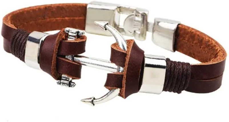 Boat Ship Anchor Wheel Radder Leather Bracelets for Men Women Cord Clasp Closure