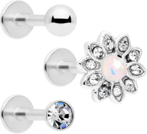 Body Candy Flat Back Cartilage Earring 3 Pack - 16G 316L Stainless Steel 8 mm Blooming Flower, Clear Accent, Ball End - Internally Threaded Stud Earrings for Cartilage, Conch, Helix, Labret, Tragus, Monroe