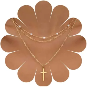 Bohemia Layered Gold Cross Necklace Tiny Pearl Chain Necklace Polished Cross Pendant Necklace Religious Cross Chain Necklace Jewelry for Women
