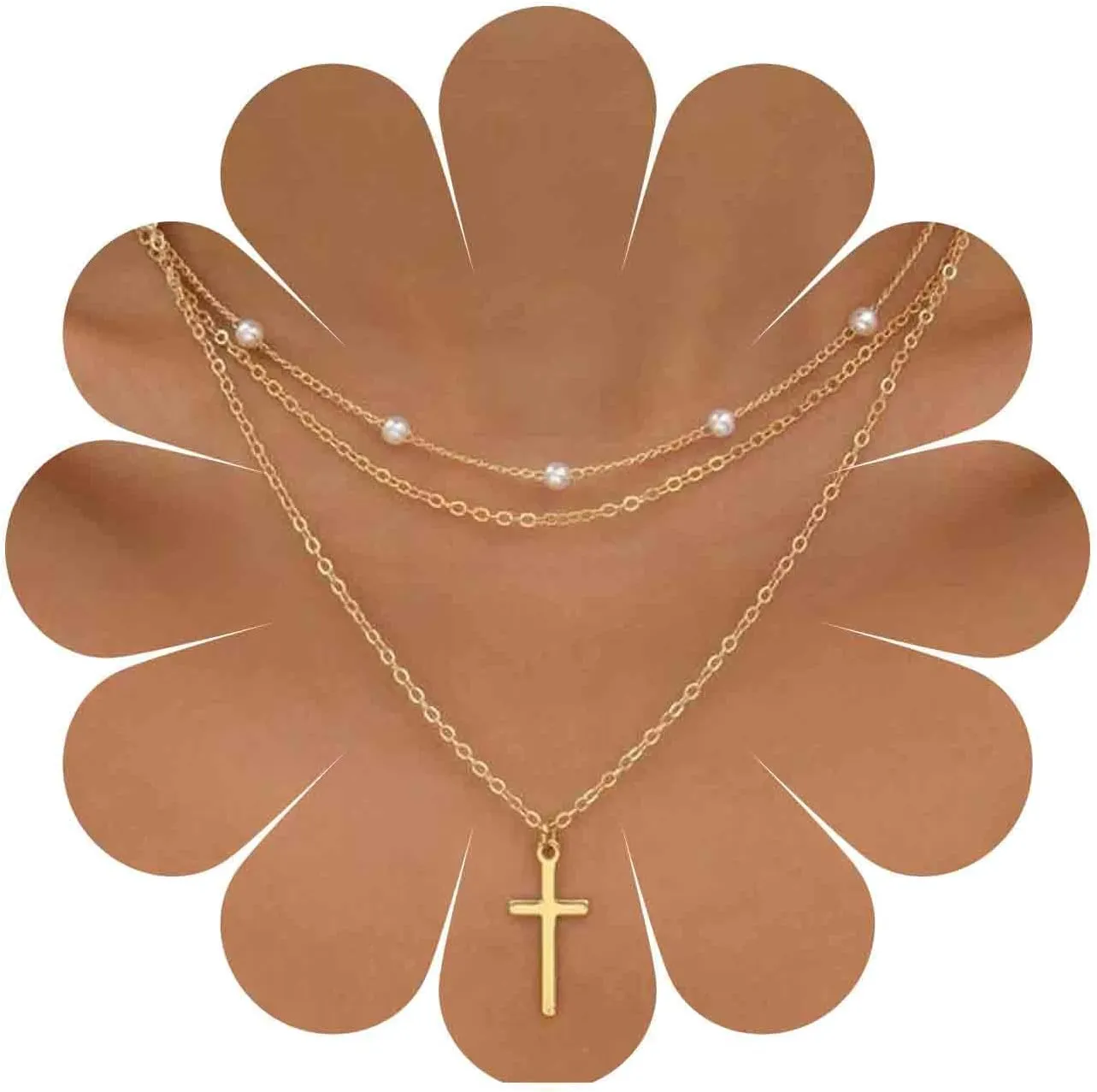 Bohemia Layered Gold Cross Necklace Tiny Pearl Chain Necklace Polished Cross Pendant Necklace Religious Cross Chain Necklace Jewelry for Women