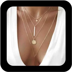 Bohemia Layered Necklace Choker Vertical Bar Pendant Necklace Multi layer Bar Disc Necklace Gold Long Necklace Chain Jewelry for Women