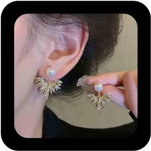 Bohemian Crystal Wing Pearl Jacket Earrings Gold Cz Pearl Ear Jacket Earrings Paved Feather Pearl Earrings Rhinestone Angel Wing Earrings Jewelry for Women