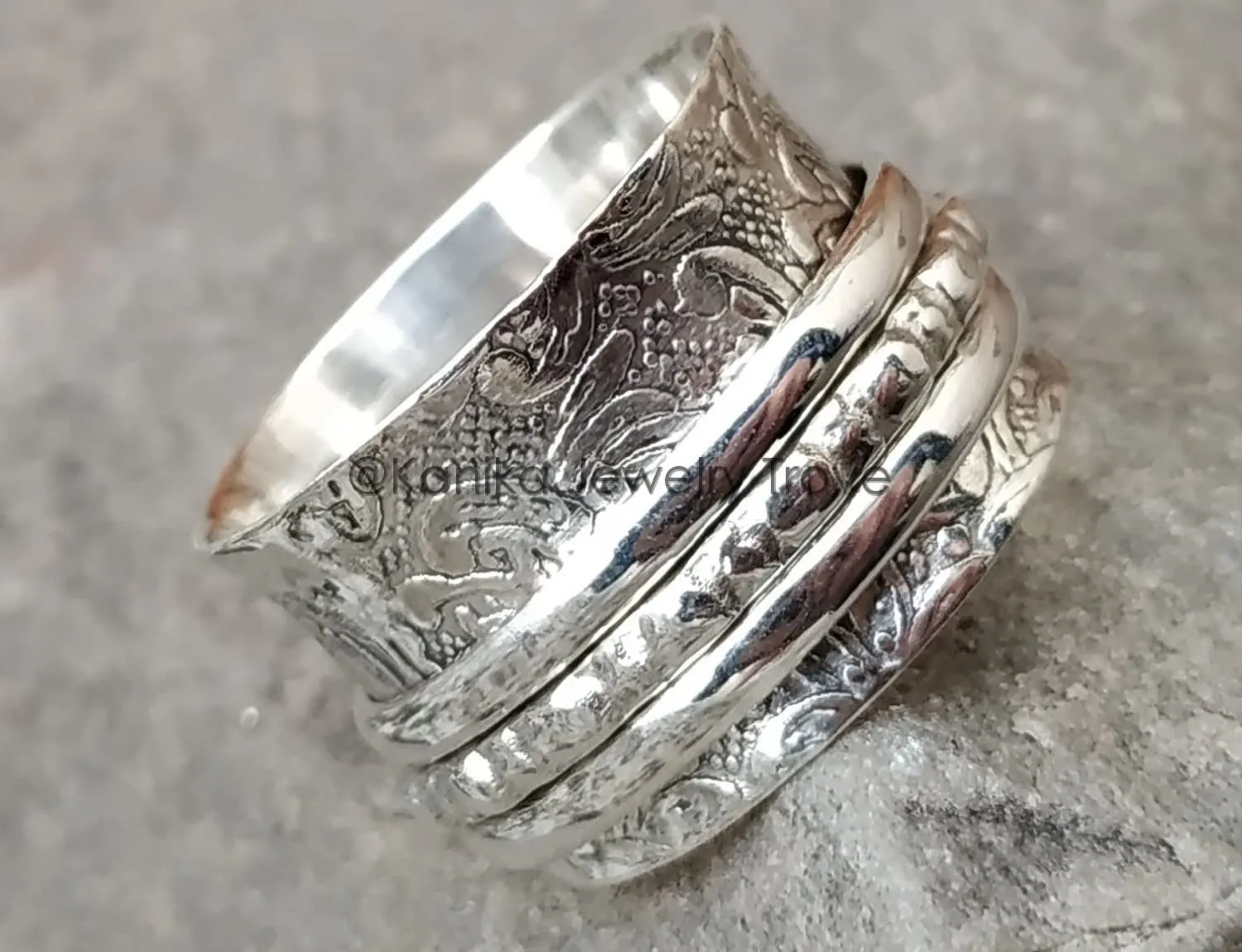 Bohemian Floral Spinner Band Rings, Anxiety Ring for Meditaion, Gift Ring for Wowmn, Girl, Men, 925 Sterling Silver Wide Band Rings, Christmas Gift, Size 10