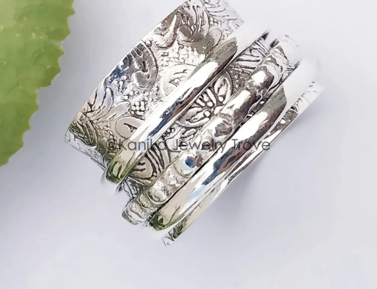 Bohemian Floral Spinner Band Rings, Anxiety Ring for Meditaion, Gift Ring for Wowmn, Girl, Men, 925 Sterling Silver Wide Band Rings, Christmas Gift, Size 10