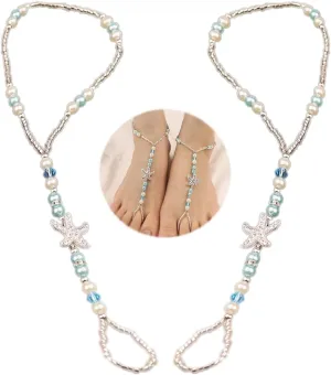 Bohemian Handmade Starfish Barefoot Sandals 2pcs Summer Beach Foot Chain with Toe Ring for Bride Wedding Pearl Beaded Anklet Bracelet Accessory for Women