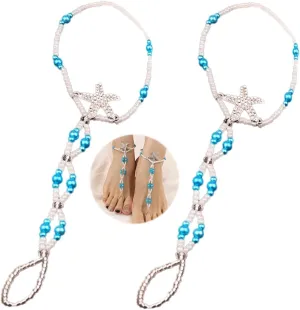 Bohemian Handmade Starfish Barefoot Sandals 2pcs Summer Beach Foot Chain with Toe Ring for Bride Wedding Pearl Beaded Anklet Bracelet Accessory for Women