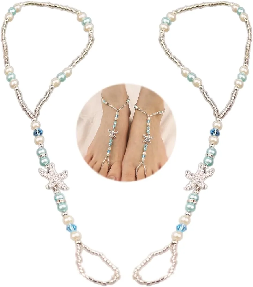 Bohemian Handmade Starfish Barefoot Sandals 2pcs Summer Beach Foot Chain with Toe Ring for Bride Wedding Pearl Beaded Anklet Bracelet Accessory for Women