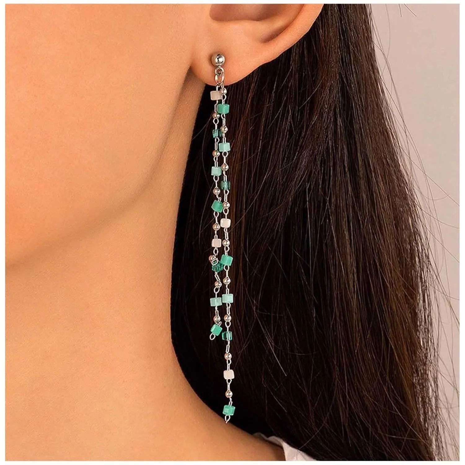Bohemian Long Tassel Chain Earrings Silver Bead Tassel Chain Earrings Green Cube Fringe Chain Earrings Long Chain Chandelier Drop Earrings Jewelry for Women and Girls Gifts