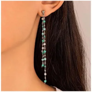Bohemian Long Tassel Chain Earrings Silver Bead Tassel Chain Earrings Green Cube Fringe Chain Earrings Long Chain Chandelier Drop Earrings Jewelry for Women and Girls Gifts