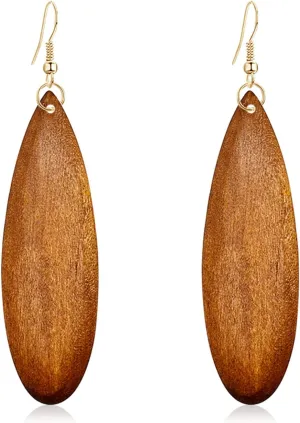 Bohemian Retro Black Brown Natural Wooden African Teardrop Dangle Drop Earrings Lightweight Handmade Long Big Vintage Wood Geometric Earrings for Women (Coffee)
