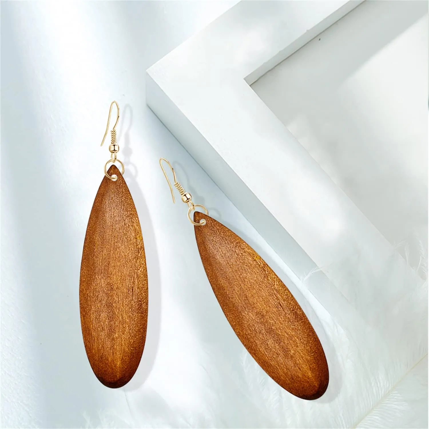 Bohemian Retro Black Brown Natural Wooden African Teardrop Dangle Drop Earrings Lightweight Handmade Long Big Vintage Wood Geometric Earrings for Women (Coffee)