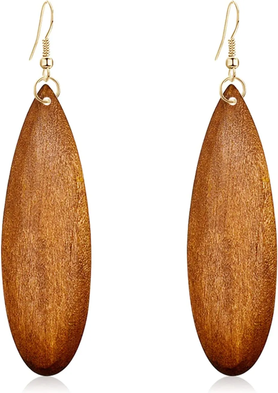 Bohemian Retro Black Brown Natural Wooden African Teardrop Dangle Drop Earrings Lightweight Handmade Long Big Vintage Wood Geometric Earrings for Women (Coffee)