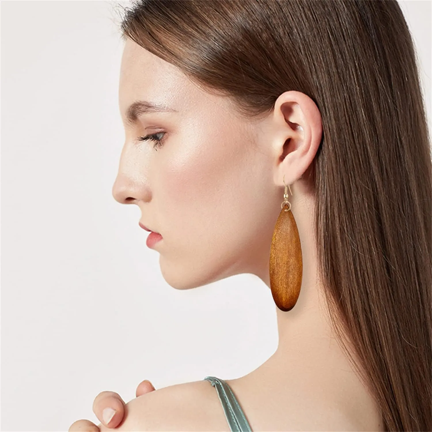 Bohemian Retro Black Brown Natural Wooden African Teardrop Dangle Drop Earrings Lightweight Handmade Long Big Vintage Wood Geometric Earrings for Women (Coffee)