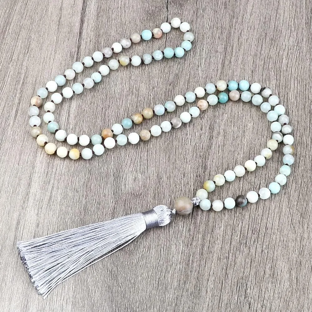 Bohemian Tassel Yoga Long Necklace 108 Mala Beads Amazonite Knotted Necklaces for Women Men Fashion Meditation Buddhist Jewelry W97DA