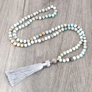 Bohemian Tassel Yoga Long Necklace 108 Mala Beads Amazonite Knotted Necklaces for Women Men Fashion Meditation Buddhist Jewelry W97DA