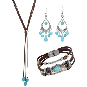 Bohemian Turquoise Jewelry Set for Women, Vintage Turquoise Necklace Earrings Bracelet for Western Boho Party (Vintage)