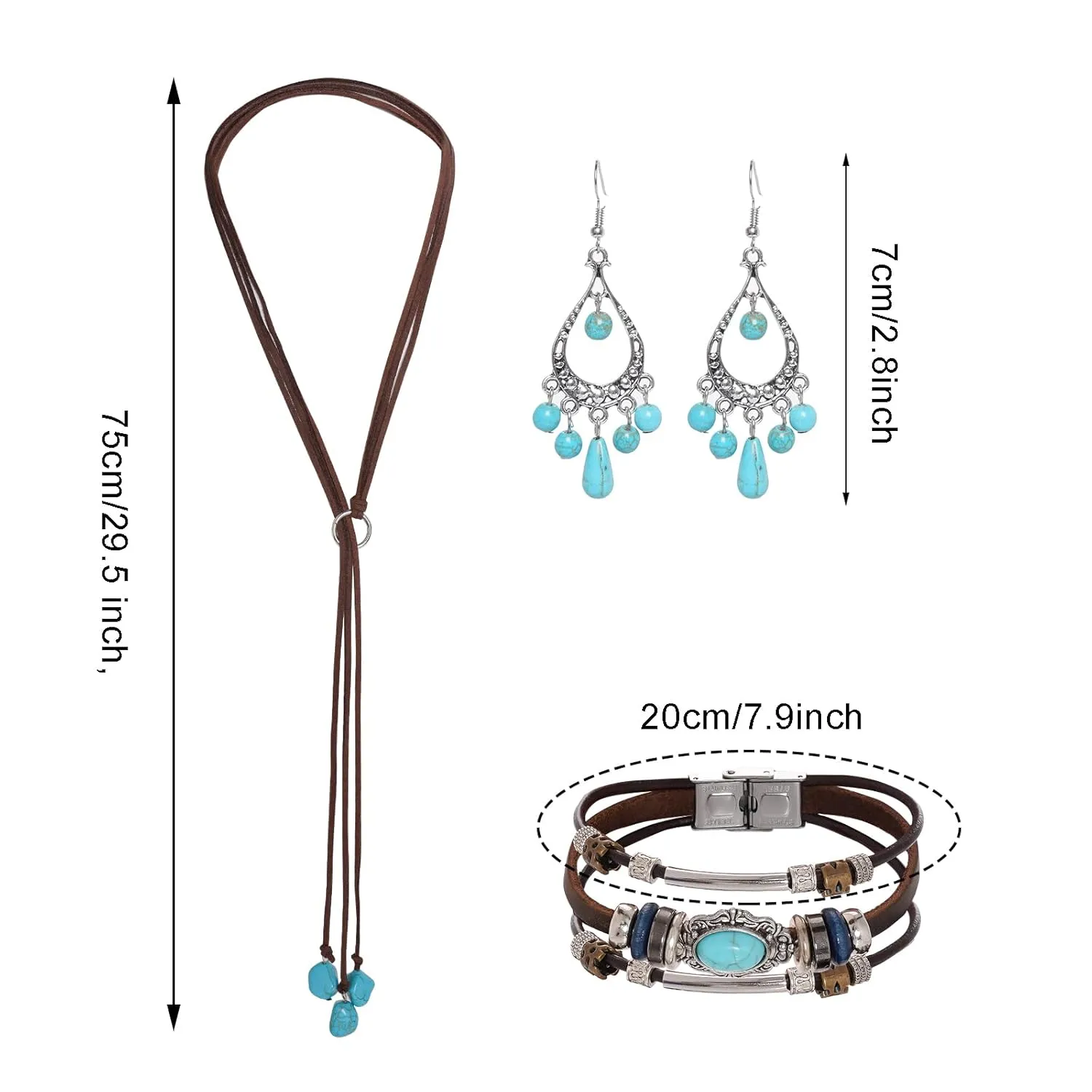 Bohemian Turquoise Jewelry Set for Women, Vintage Turquoise Necklace Earrings Bracelet for Western Boho Party (Vintage)