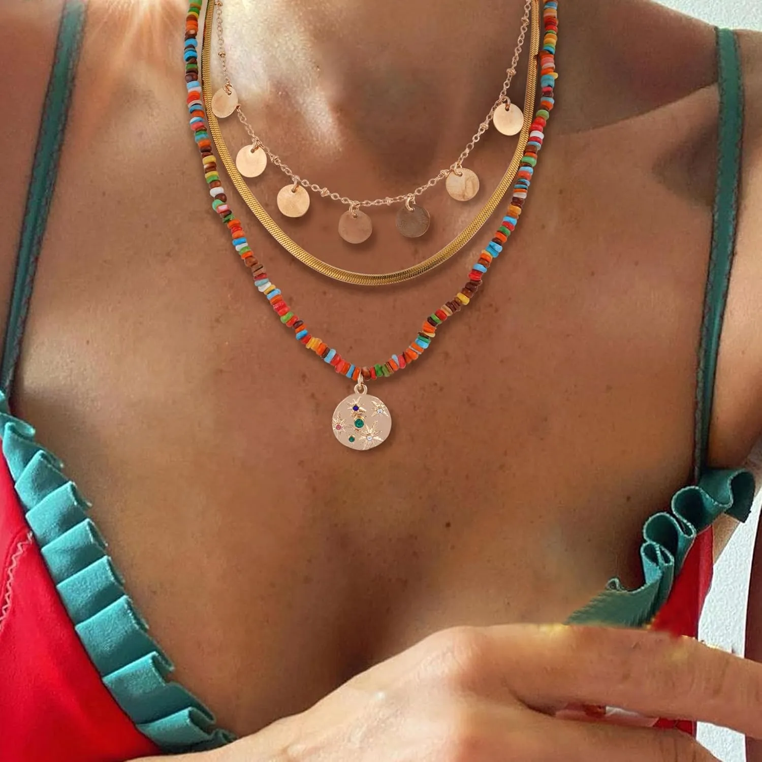 Boho Beaded Necklace Layered Pendant Necklace Handmade Bohemian Necklace Summer Jewelry Gifts for Women