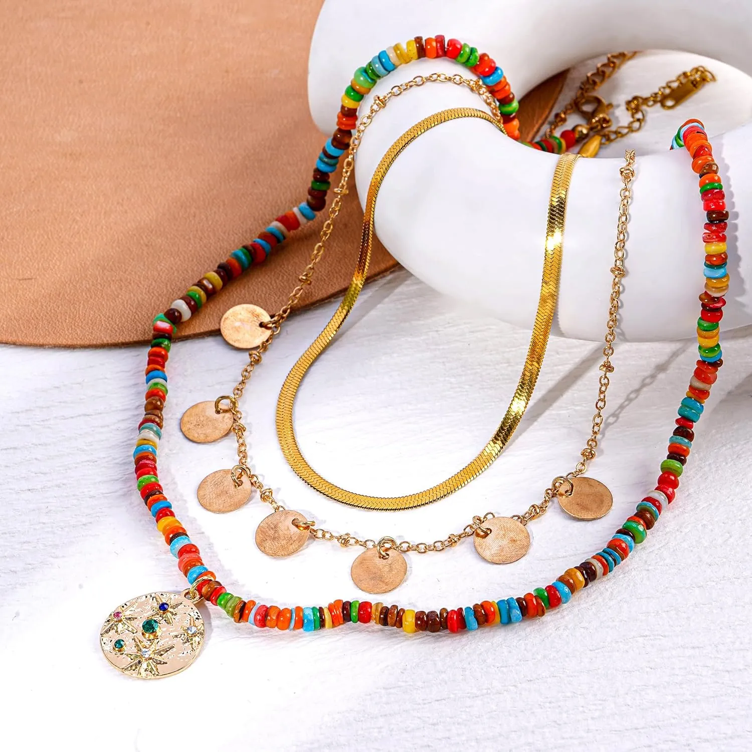 Boho Beaded Necklace Layered Pendant Necklace Handmade Bohemian Necklace Summer Jewelry Gifts for Women