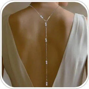 Boho Bridal Pearl Backdrop Necklace Long Wedding Silver Crystal Tassel Body Back Chain Jewelry for Backless Dress Women