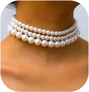 Boho Choker Necklaces for Women - Faux Round Pearl Layered Fashion Chunky Thick Clavicle Necklace Wedding Bride Jewelry Gifts