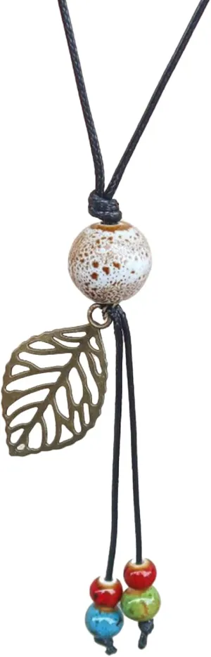 Boho Colorful Ceramic Beads Leaf Lariat Long Necklace for Women Bohemian Ethnic Style Lucky Ceramic Beads Strand Necklace Hippie Vintage Summer Statement Jewelry Gift
