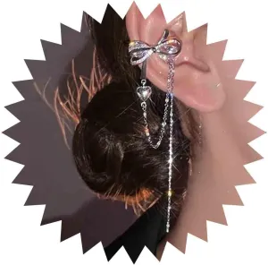 Boho Crystal Bow Chain Cuff Earrings Silver Cz Bow Ring Helix Earrings Long Chain Clip on Earrings Rhinestone Bowknot Earcuff Earrings Jewelry for Women and Girls