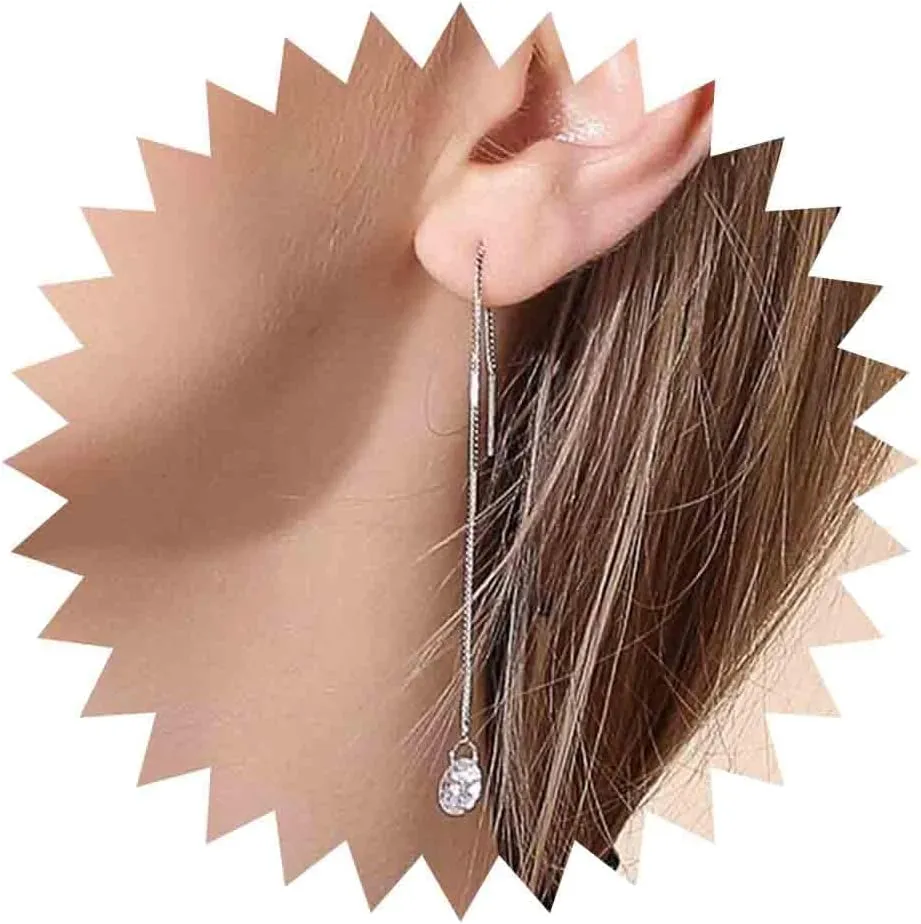 Boho Crystal Tassel Threader Chain Earrings Silver Crystals Long Dangle Drop Earrings Chain Line Ear Cuff Threader Earrings Statement Wedding Prom Earrings Jewelry for Women